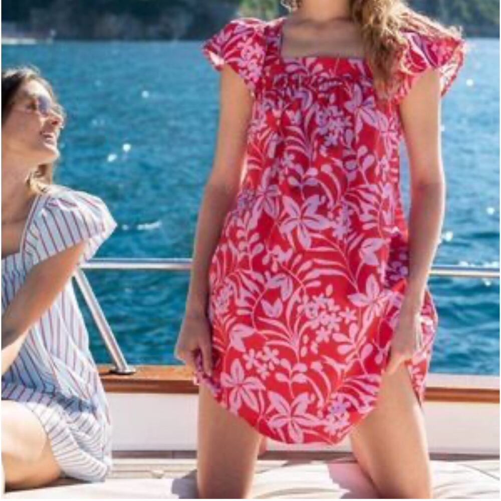 Voyageur By Mersea Capri Pink Floral‎ Square Neck Flutter Sleeve Dress Small